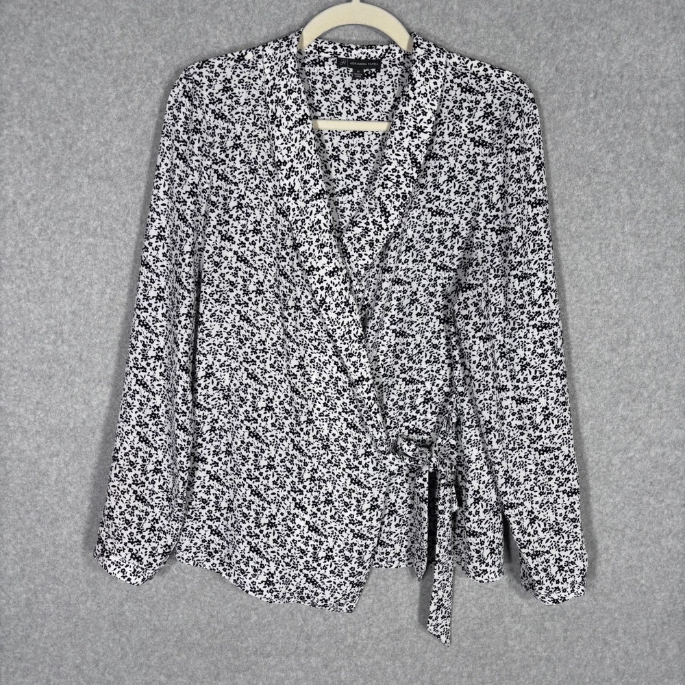 Adrianna Papell Wrap Babydoll Blouse Medium Black White Floral Career Cottage‎